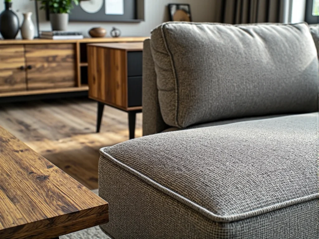 Szary tapicerowany narożnik z miękkim siedziskiem i zagłówkiem