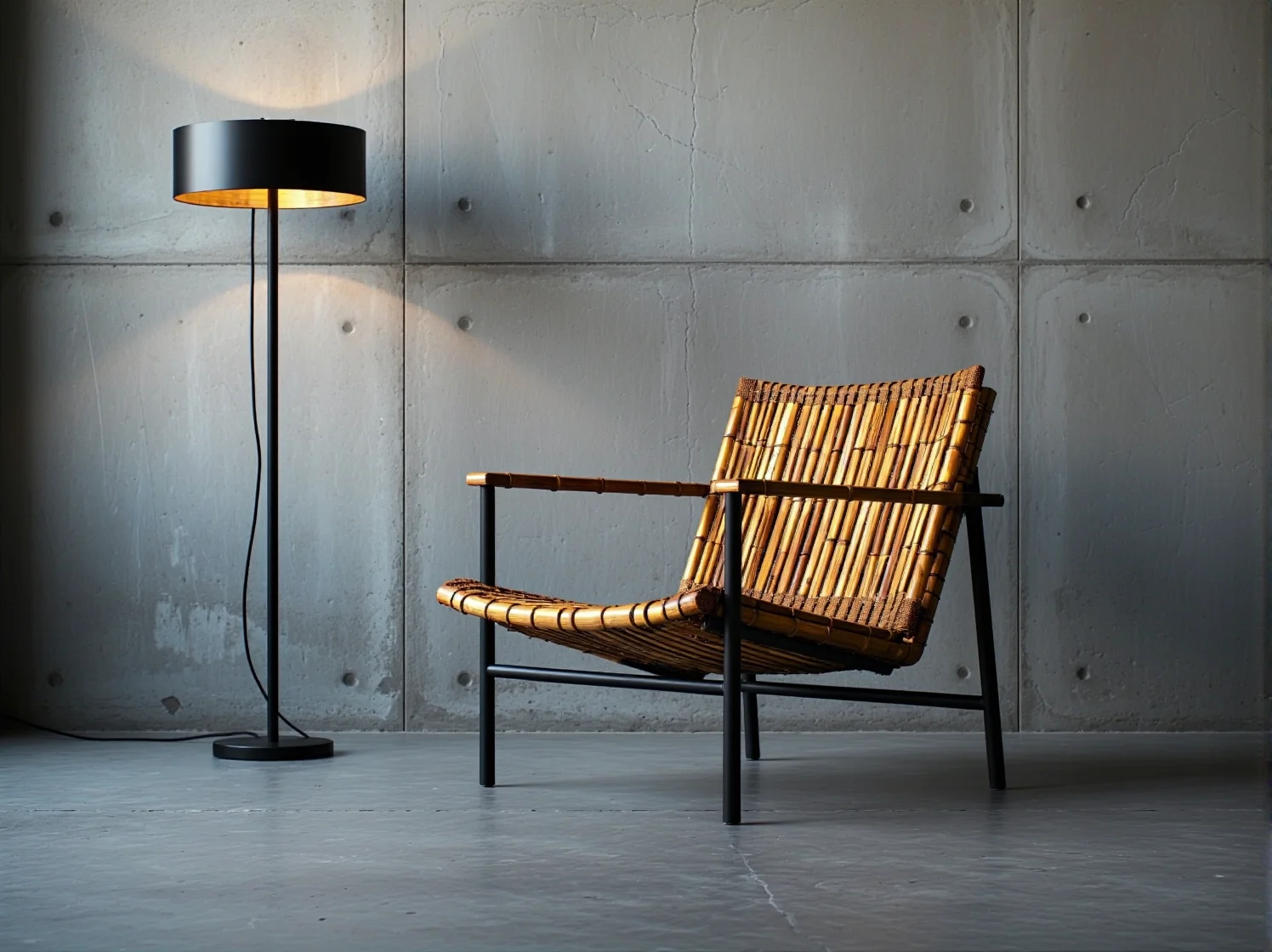 Industrialne wnętrze z bambusową komodą i ceglaną ścianą, ukazujące styl warm industrial.