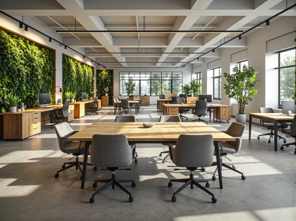 Duże biurko konferencyjne dębowe z szarymi fotelami obrotowymi