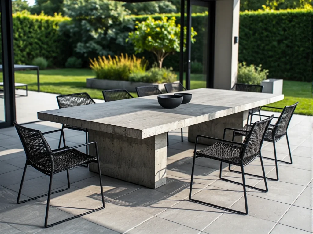 Duży stół ogrodowy betonowy z czarnymi krzesłami na metalowych ramach