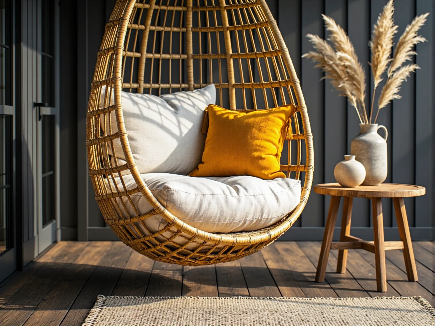 Zestaw mebli ogrodowych z naturalnego rattanu z kolorowymi poduszkami na tarasie w stylu boho.