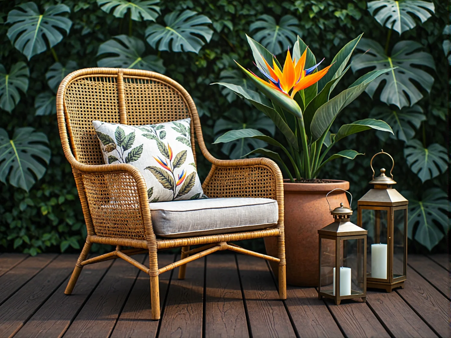 Drewniane meble ogrodowe w stylu kolonialnym na tarasie otoczonym egzotycznymi roślinami i dyskretnym światłem.