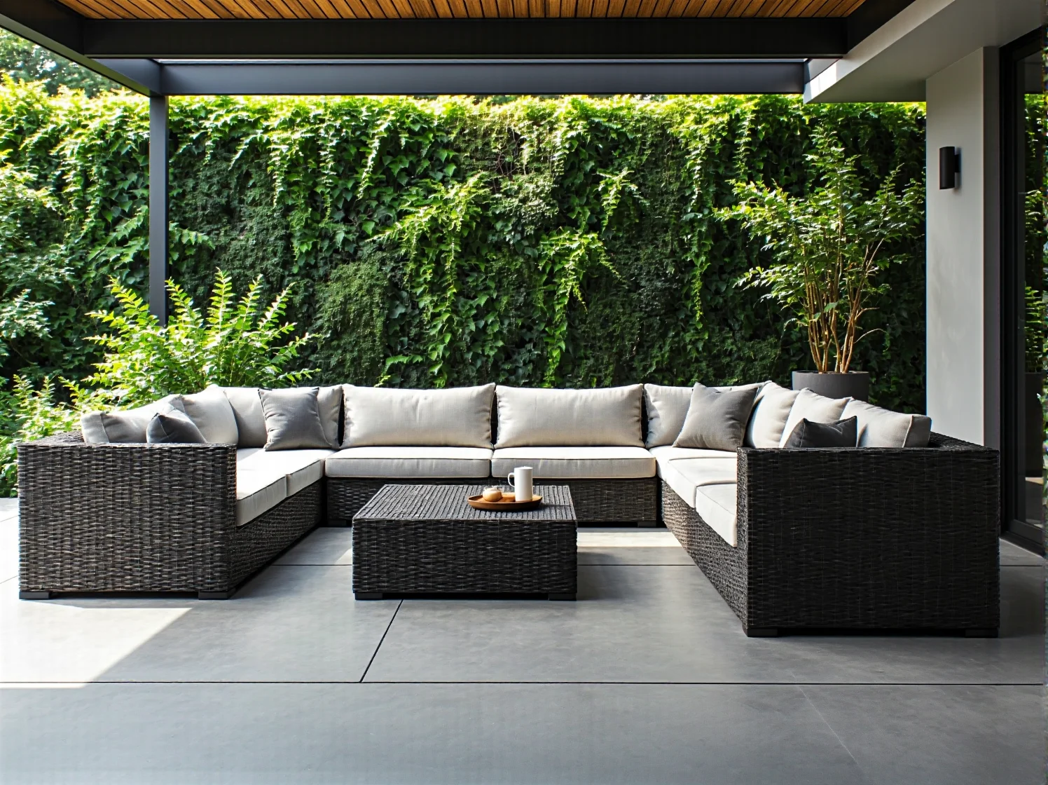 Narożnik ogrodowy z technorattanu z jasnymi poduszkami