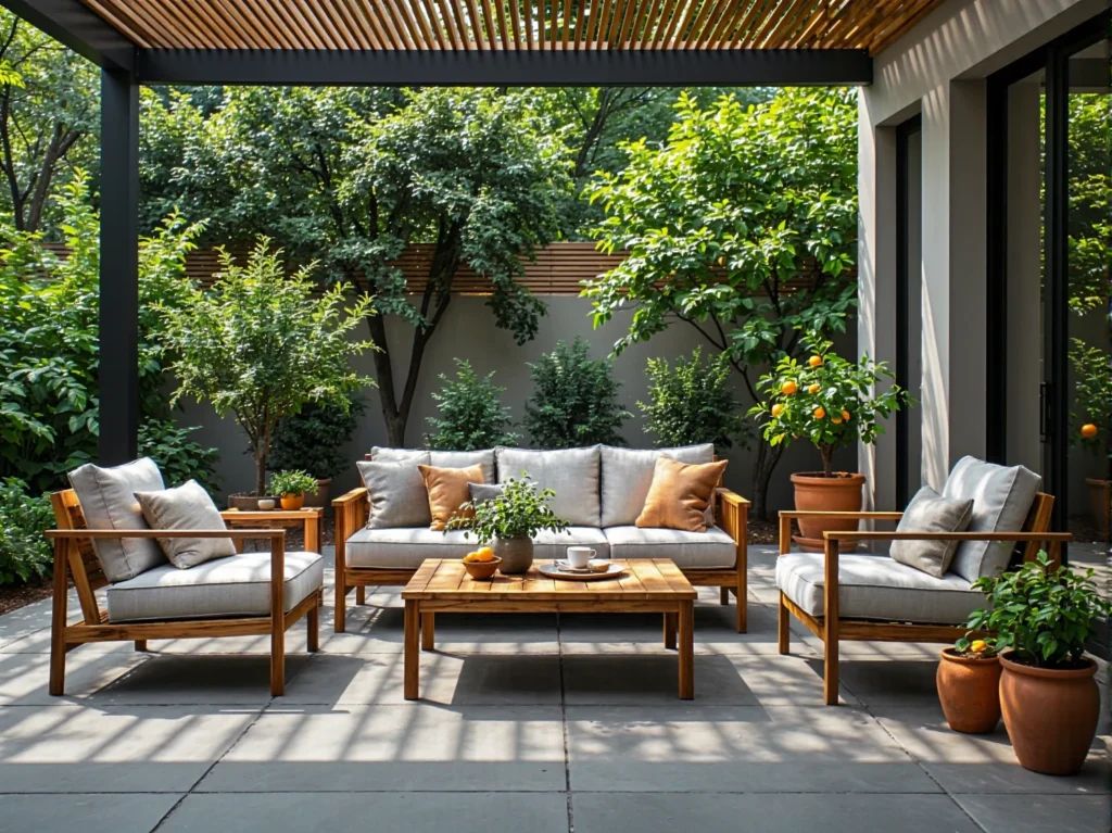 Zestaw mebli ogrodowych drewnianych z szarymi poduszkami