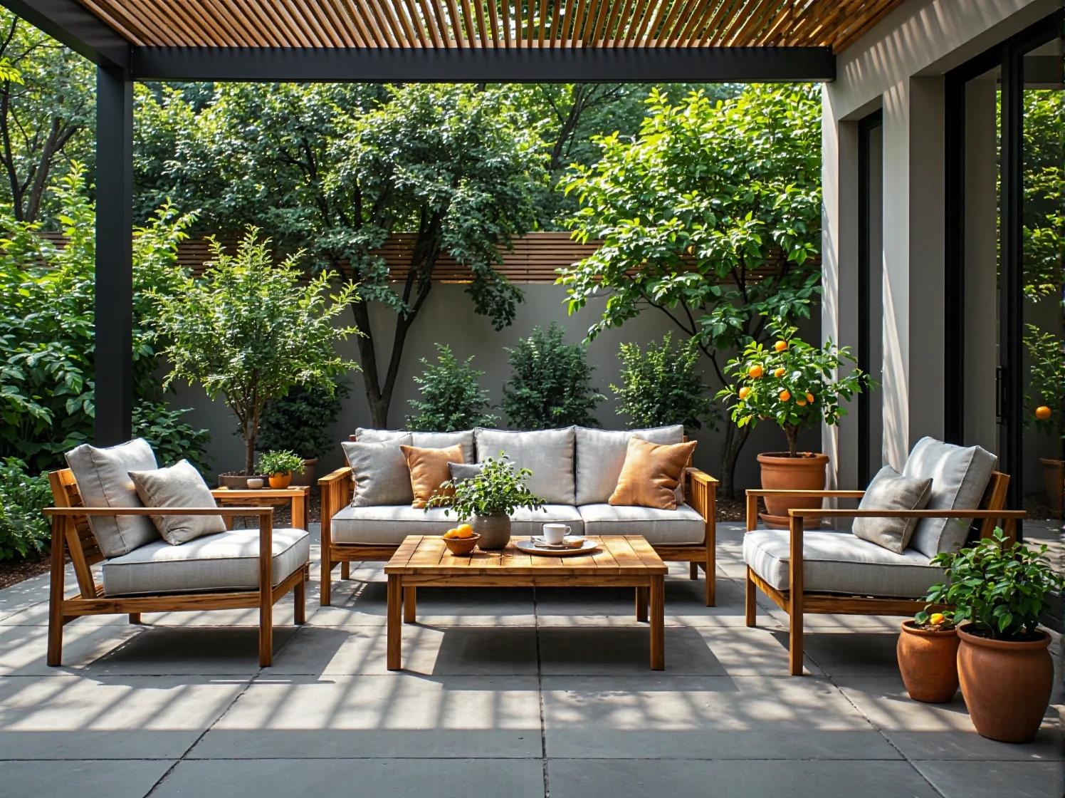 Zestaw mebli ogrodowych drewnianych z szarymi poduszkami