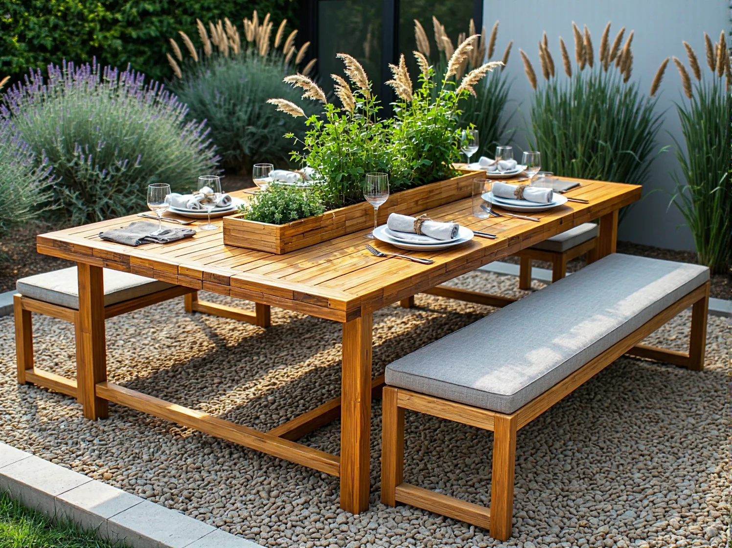 Meble ogrodowe z recyklingu w otoczeniu naturalnej roślinności i drzew