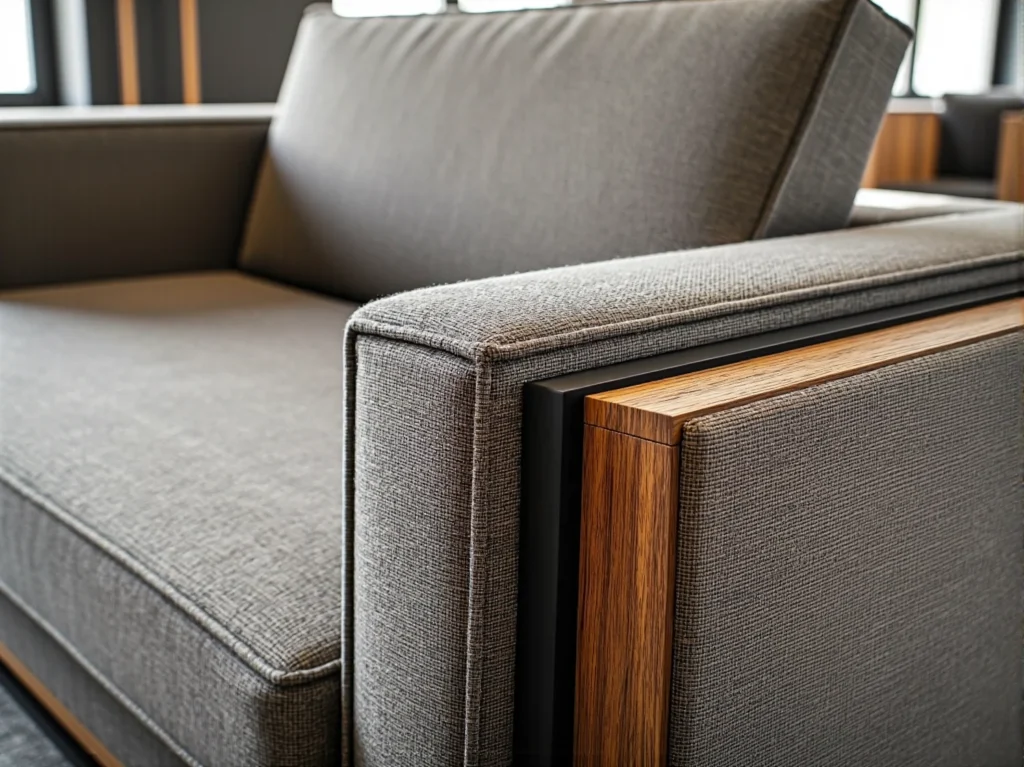 Szara sofa tapicerowana z drewnianymi elementami wykończeniowymi