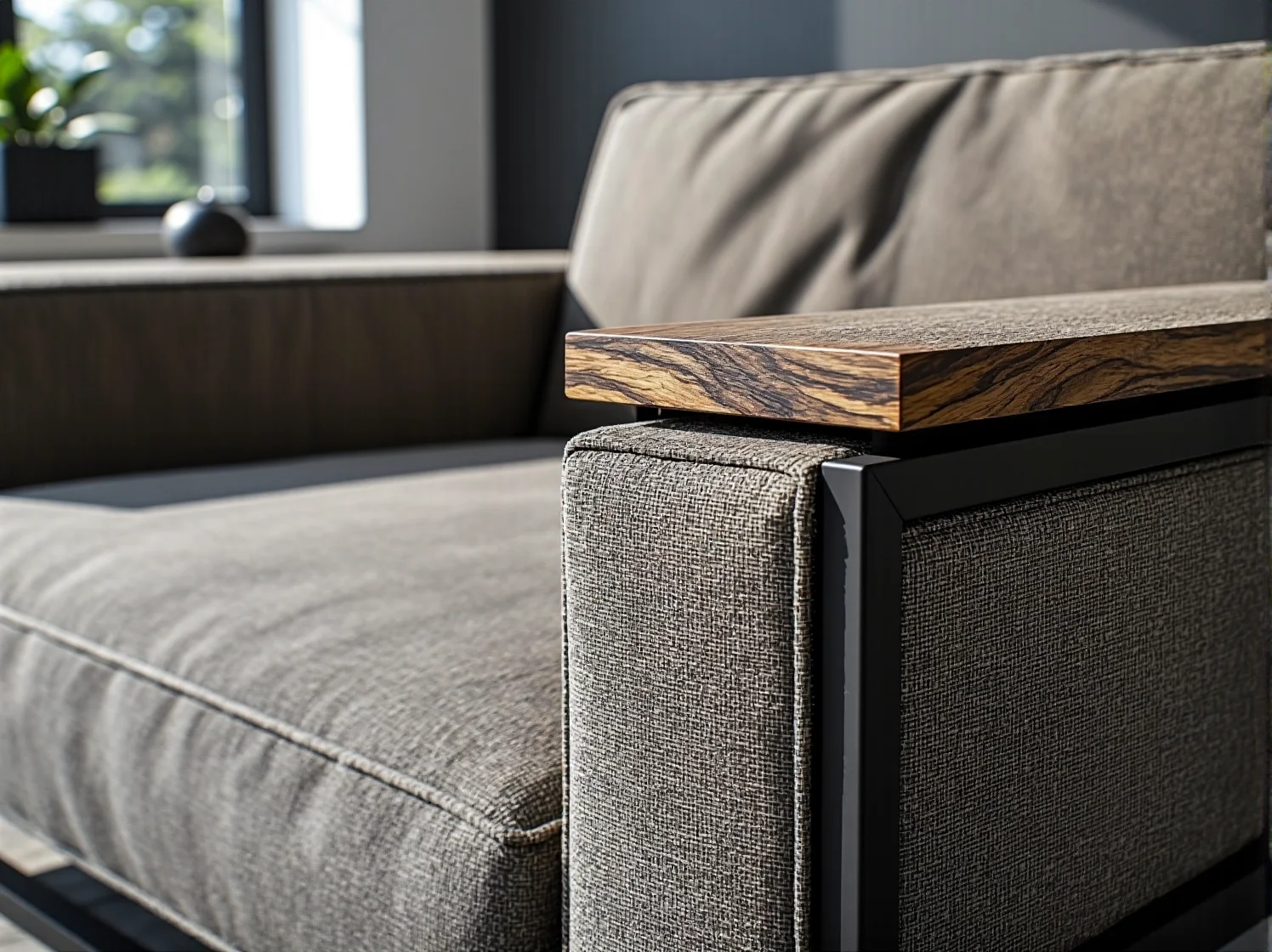 Szary narożnik z drewnianym podłokietnikiem i metalową ramą