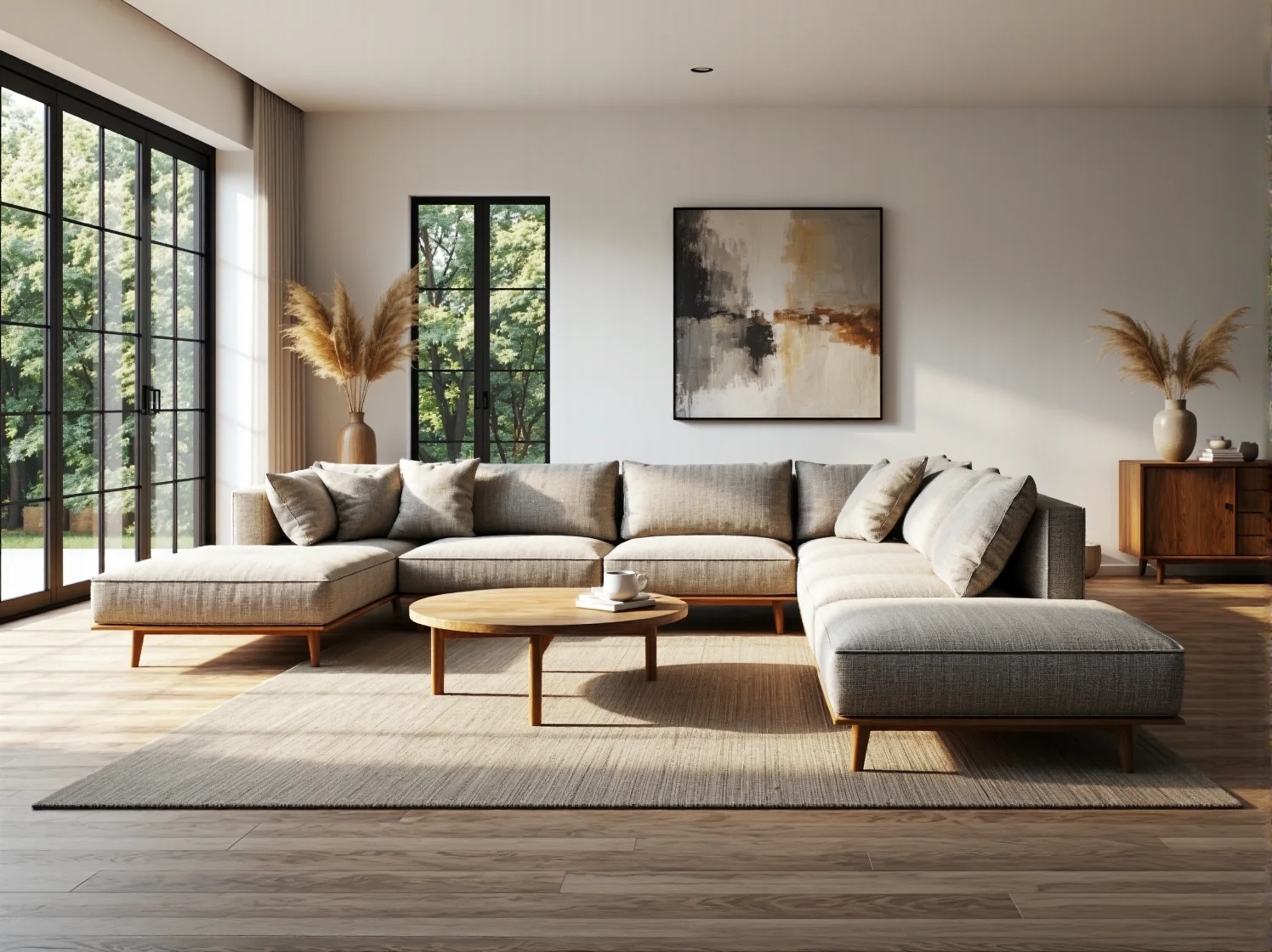 Narożnik modułowy szary na drewnianych nóżkach z poduszkami