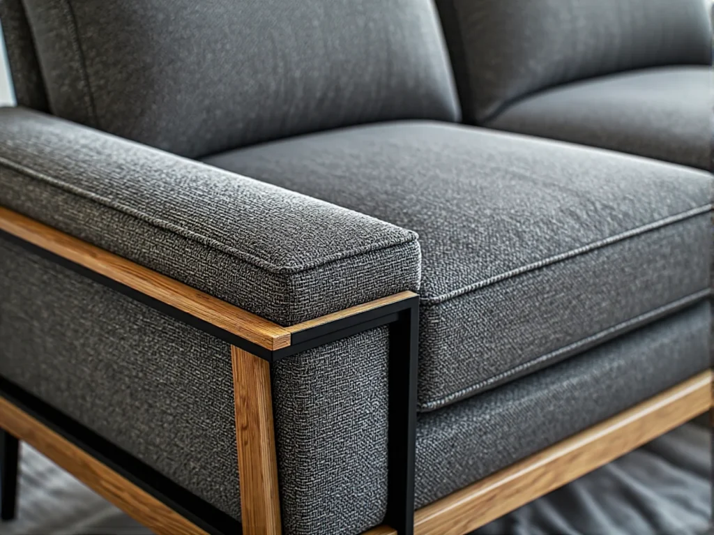 Grafitowa sofa tapicerowana na drewnianej ramie dębowej