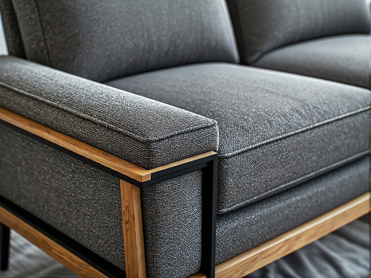 Grafitowa sofa tapicerowana na drewnianej ramie dębowej