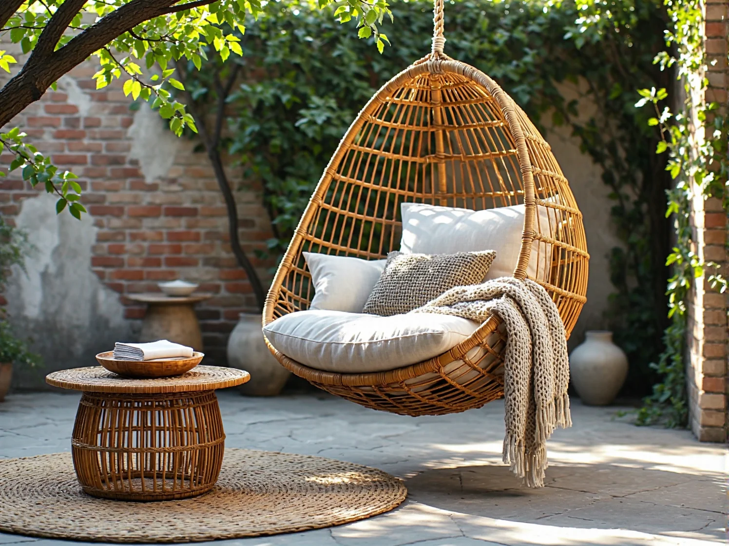 Drewniany stół i wiklinowe krzesła jako przykład naturalnych materiałów w ogrodzie boho.