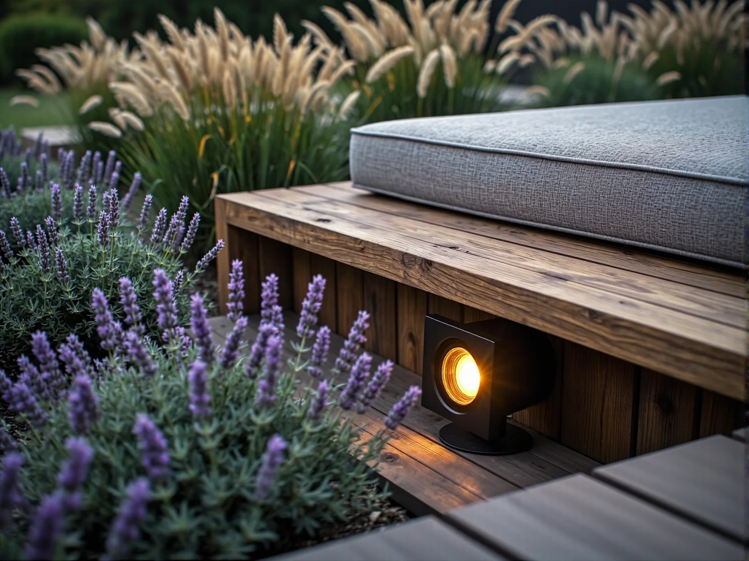 Nowoczesna lampa ogrodowa z drewna i metalu, która wtapia się w naturalne otoczenie.