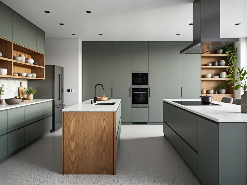 Nowoczesna zabudowa kuchenna szałwiowa z wyspą i drewnianymi akcentami