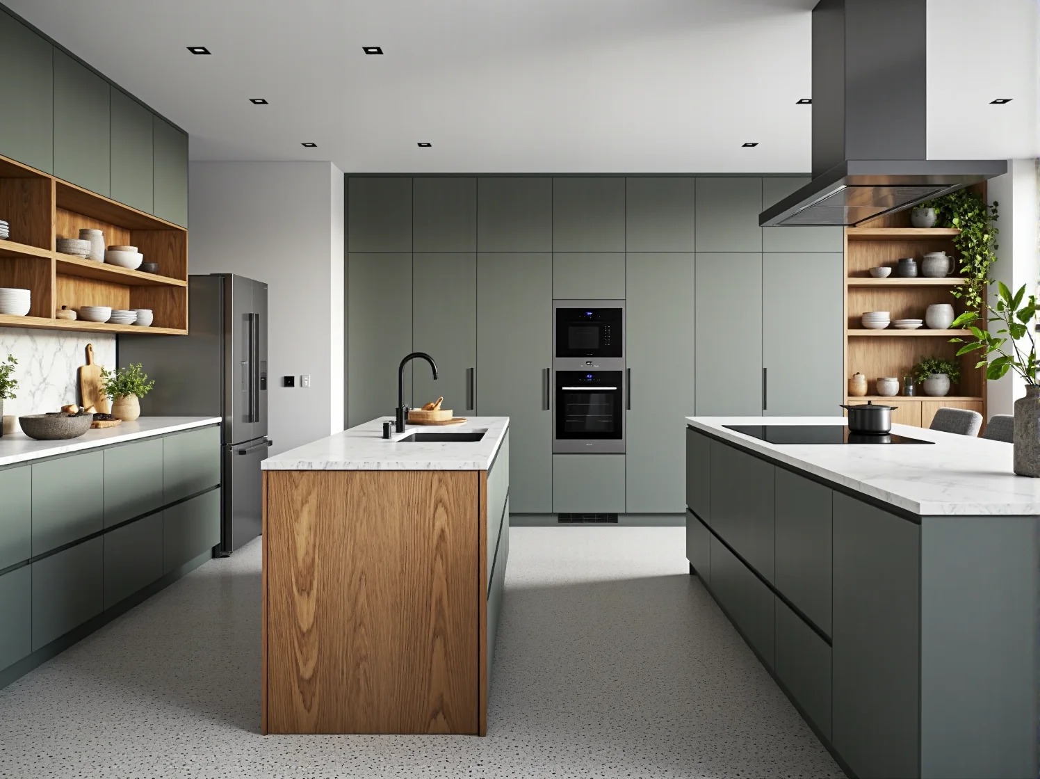 Nowoczesna zabudowa kuchenna szałwiowa z wyspą i drewnianymi akcentami