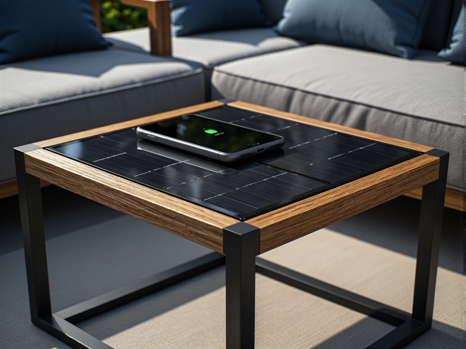 Meble technologiczne do ogrodu – sofa outdoorowa z wbudowanym systemem audio i ładowaniem USB.