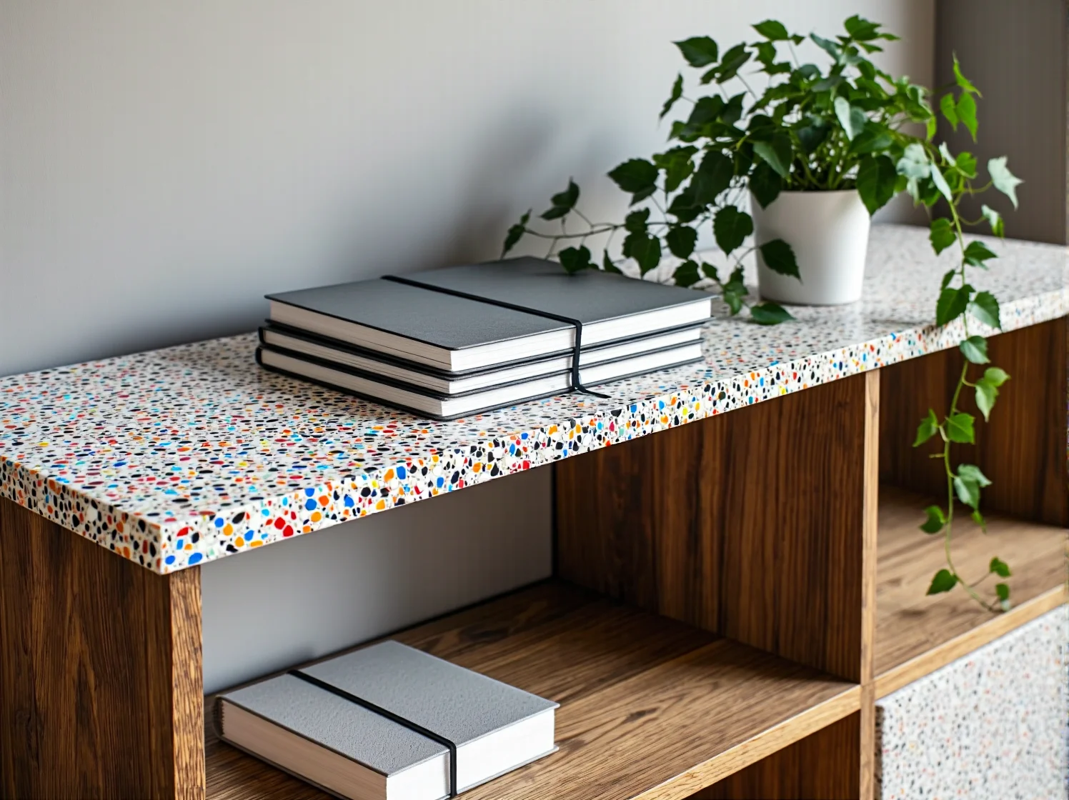 Nowoczesny czarny regał modułowy z przetworzonego plastiku w domowym biurze