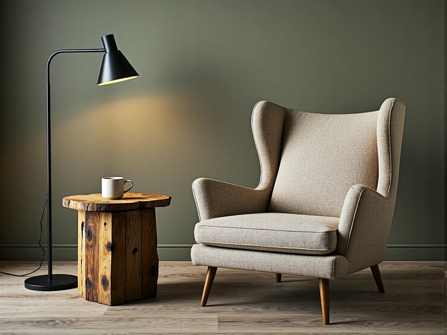 Minimalistyczny salon z sofą z recyklingu, pokazujący innowacyjny design ekologicznych mebli.