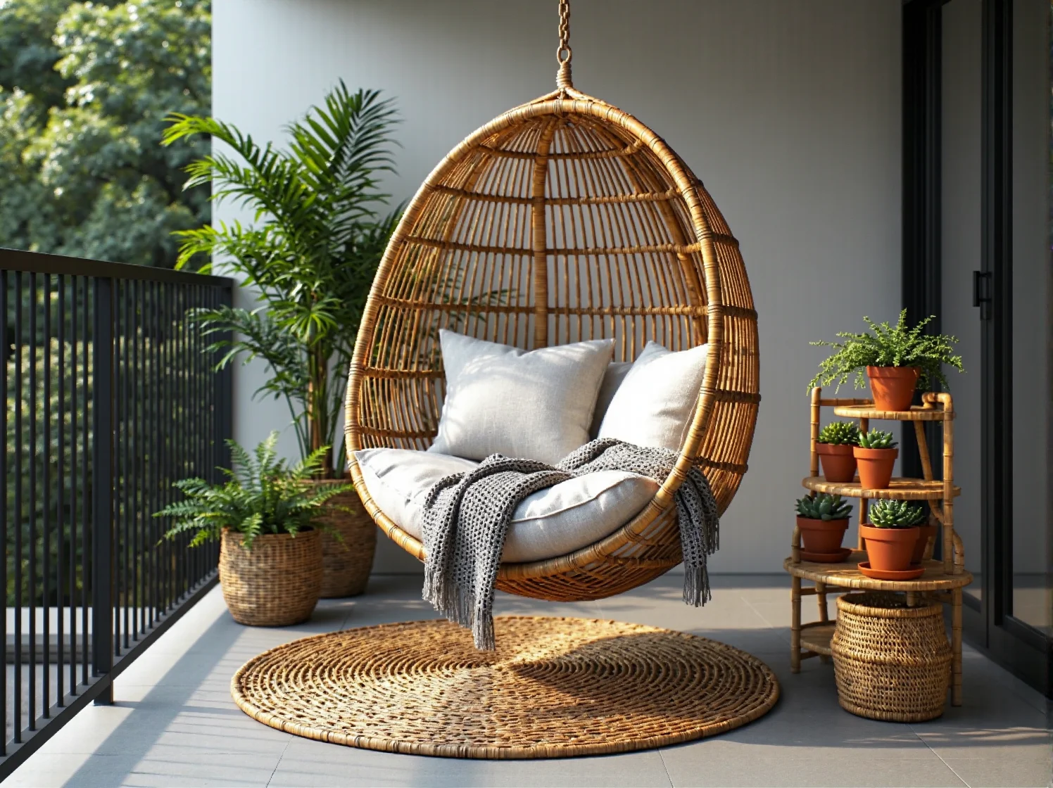 Wypoczynkowe meble bambusowe na nowoczesnym balkonie z roślinami