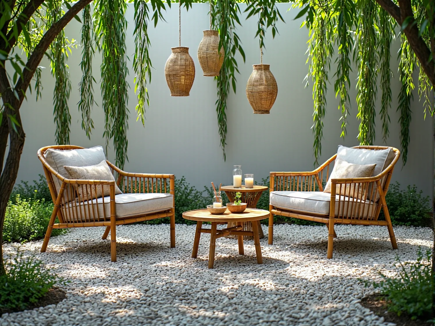 Harmonijny ogród w stylu eco-friendly z meblami z rattanu i lampionami