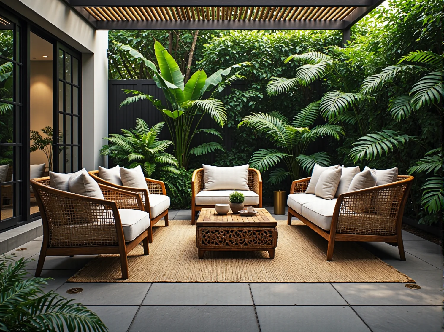 Rattanowy zestaw wypoczynkowy ogrodowy z białymi poduszkami