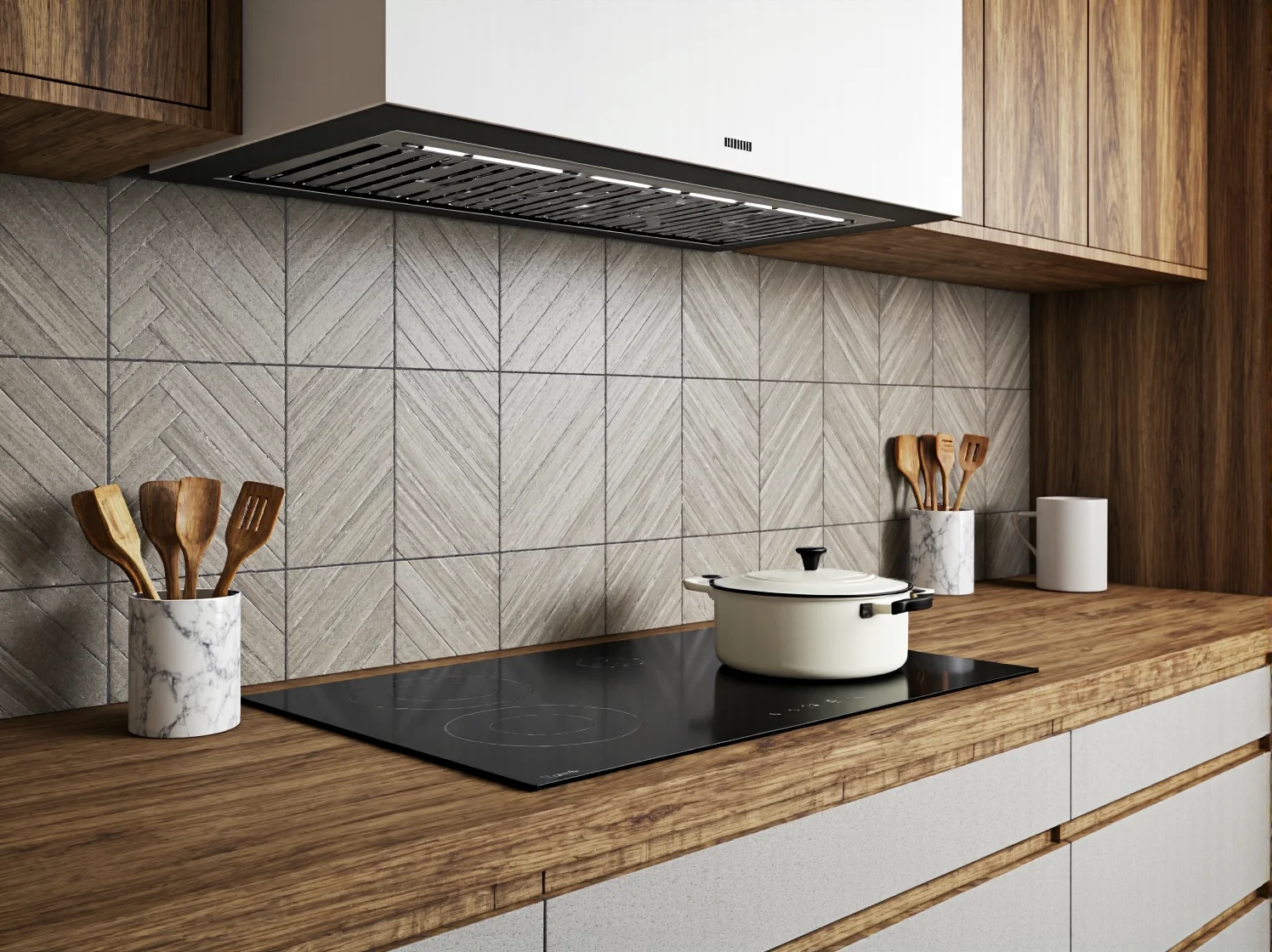 Oświetlenie punktowe pod szafkami kuchennymi oraz lampy wiszące nad blatem roboczym.