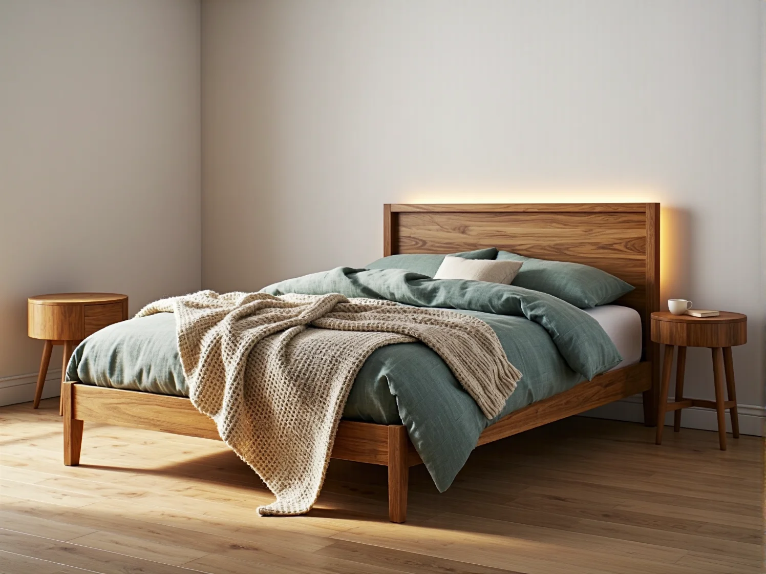 Drewniane łóżko dwuosobowe dębowe z zagłówkiem i podświetleniem LED
