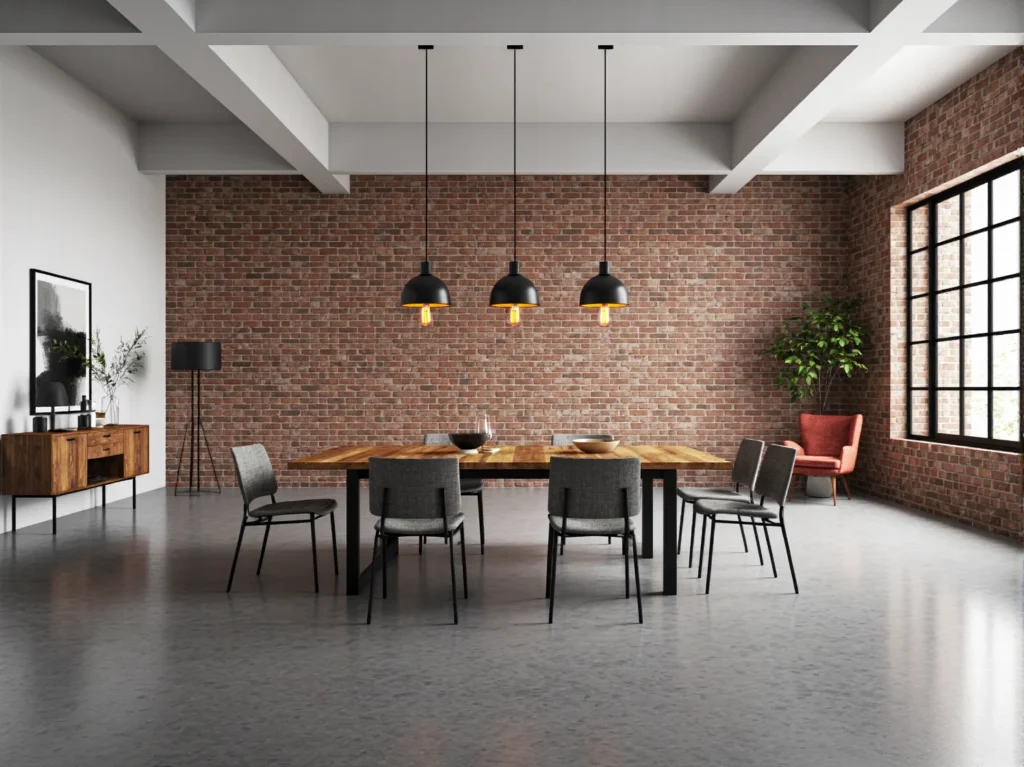 Drewniany stół jadalniany z szarymi krzesłami na metalowych nogach