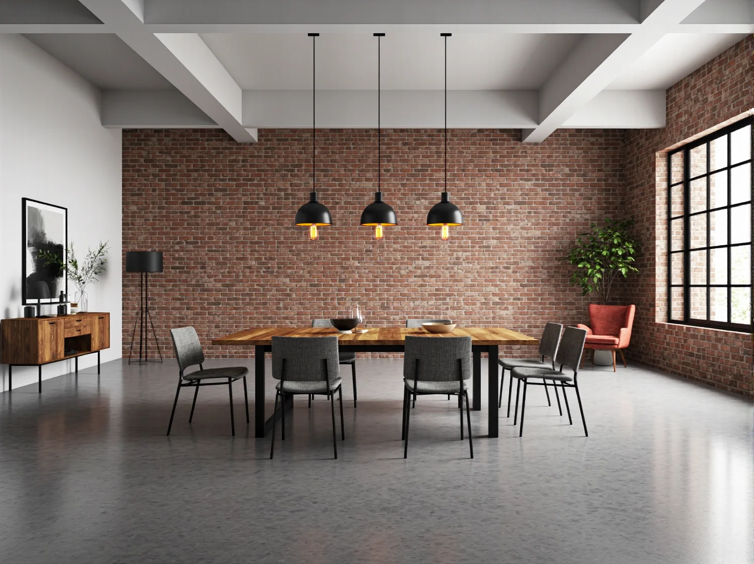Drewniany stół jadalniany z szarymi krzesłami na metalowych nogach