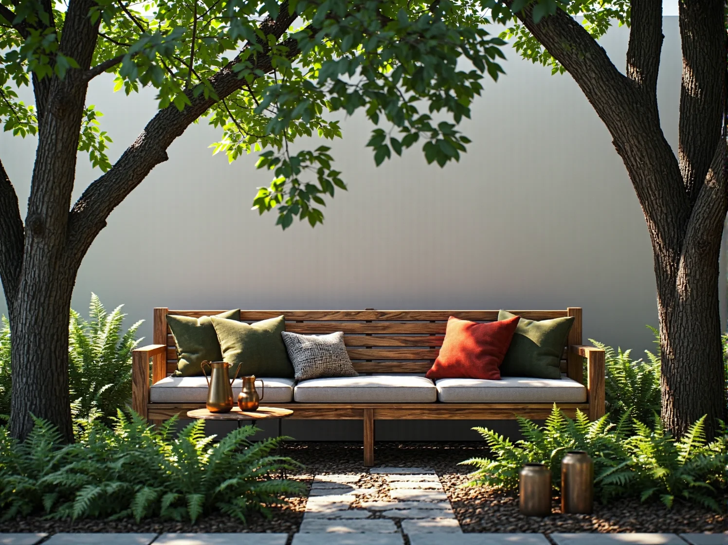 Eleganckie oświetlenie punktowe w ogrodzie kolonialnym wydobywające tekstury liści i ścieżek po zmroku.