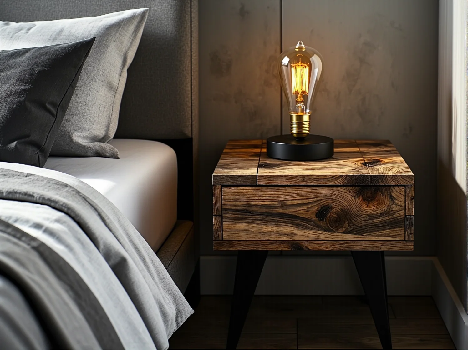 Otwarta szafa z metalowych rurek i drewna dębowego idealna do małej sypialni w stylu loft.