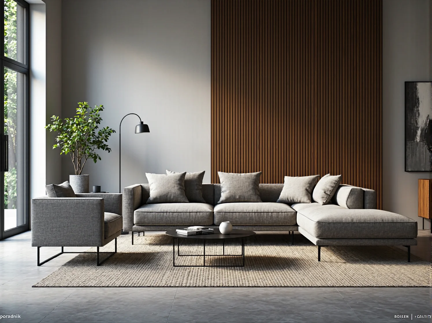 Narożnik tapicerowany szary na metalowych nogach z poduszkami