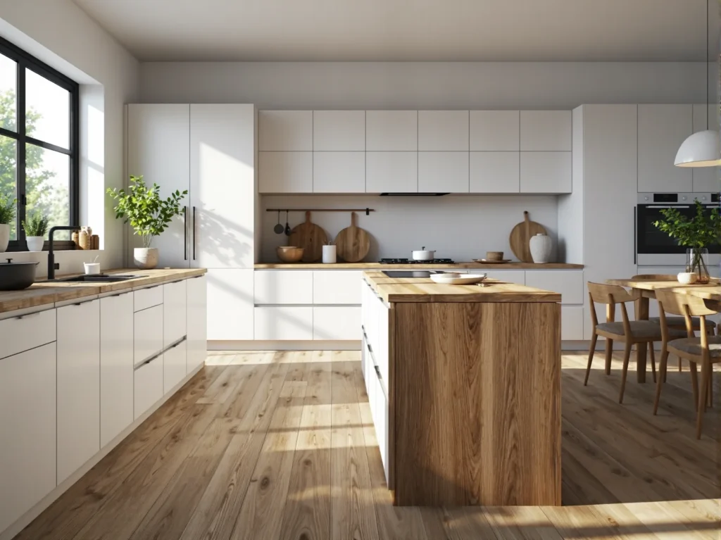 Białe meble kuchenne z drewnianym blatem i wyspą