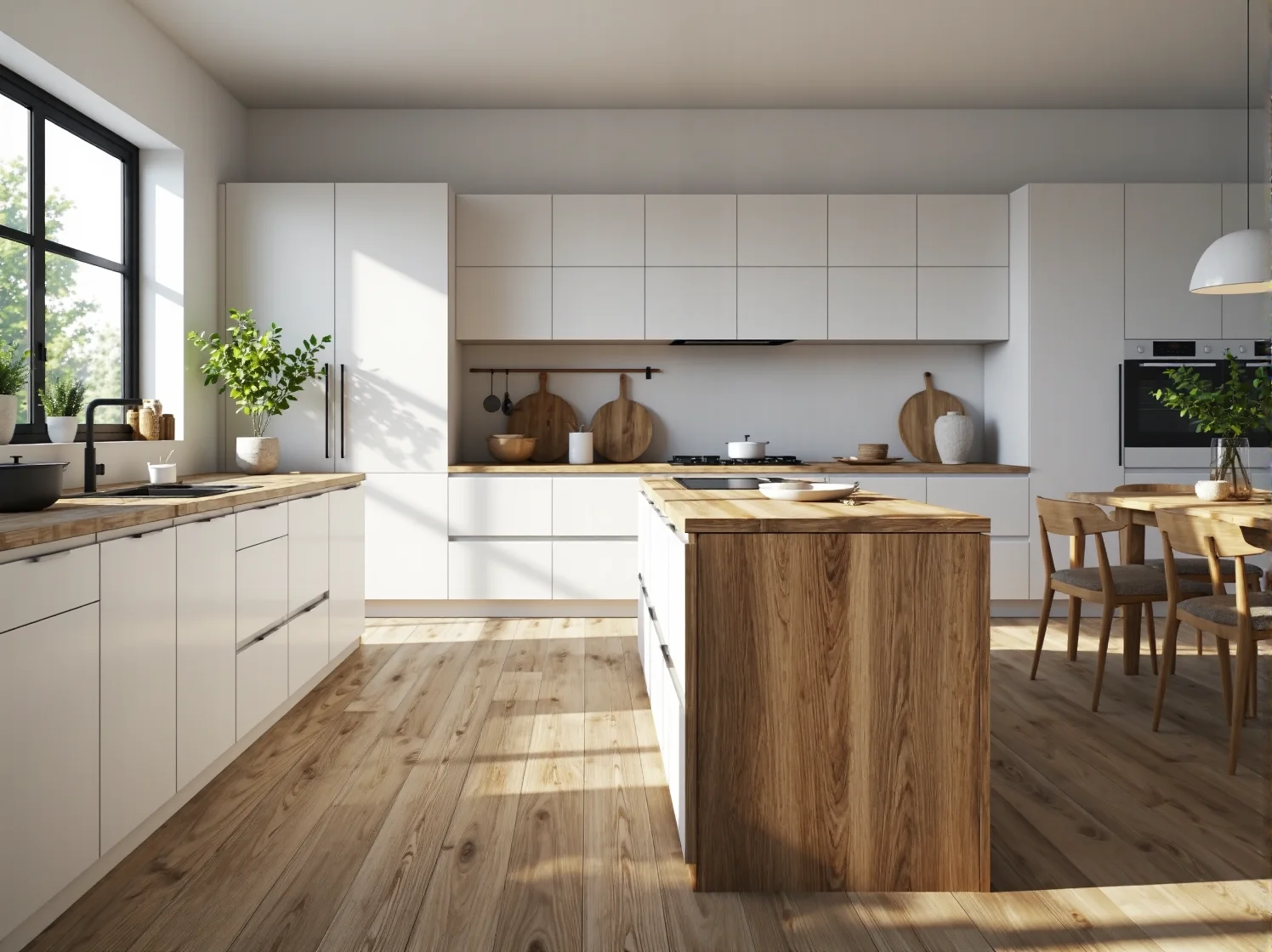Białe meble kuchenne z drewnianym blatem i wyspą