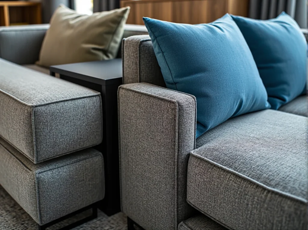 Narożnik tapicerowany szary z niebieskimi poduszkami dekoracyjnymi