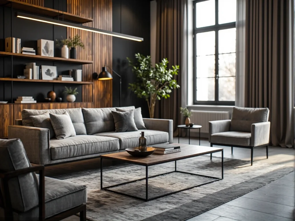 Nowoczesna sofa trzyosobowa szara z poduszkami dekoracyjnymi