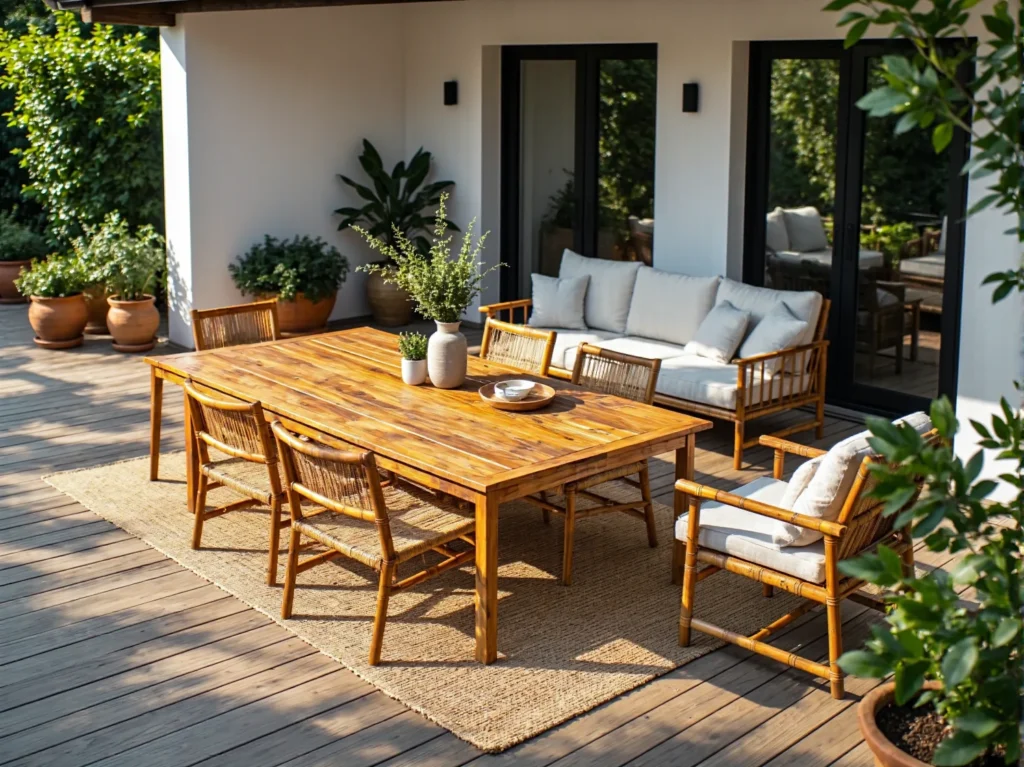 Drewniany stół ogrodowy z krzesłami i sofą z poduszkami
