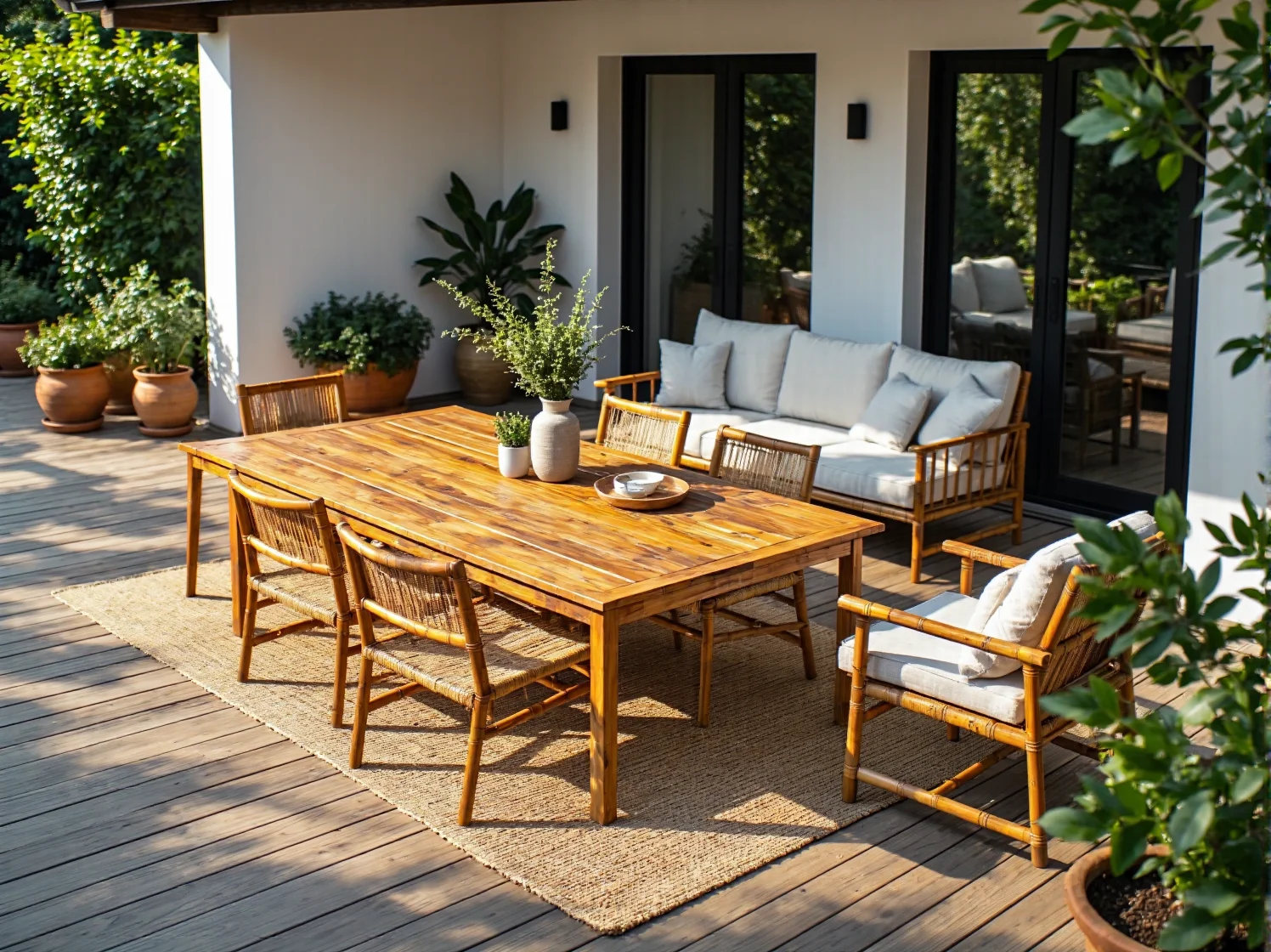 Drewniany stół ogrodowy z krzesłami i sofą z poduszkami