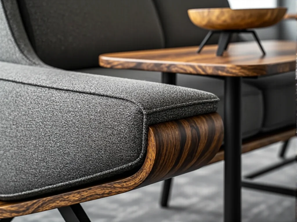 Fotel wypoczynkowy szary z drewnianą ramą orzechową