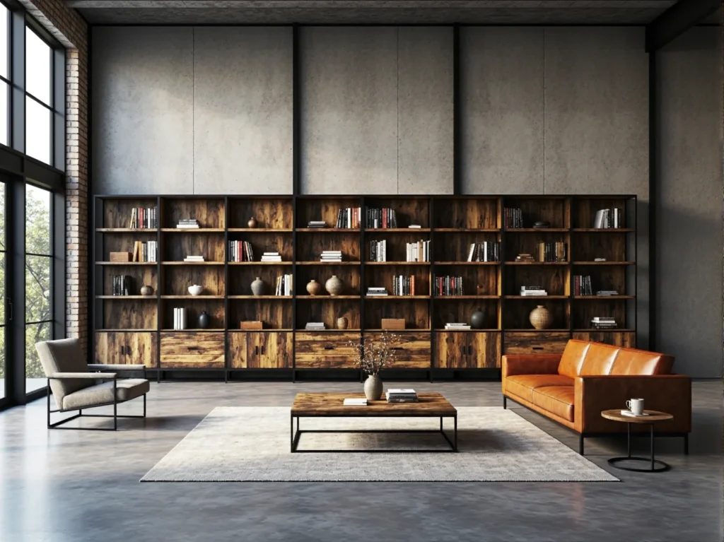 Duży regał drewniany z metalową ramą i otwartymi półkami