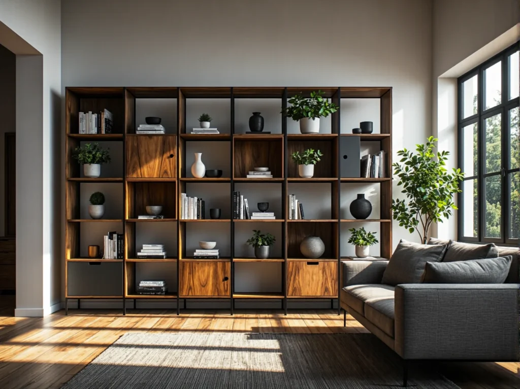 Regał otwarty drewniany orzechowy z półkami i szafkami dolnymi