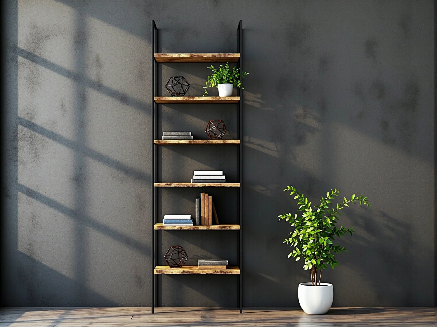 Wysoki, loftowy regał na książki z odzyskanych materiałów w domowym biurze w stylu industrialnym.