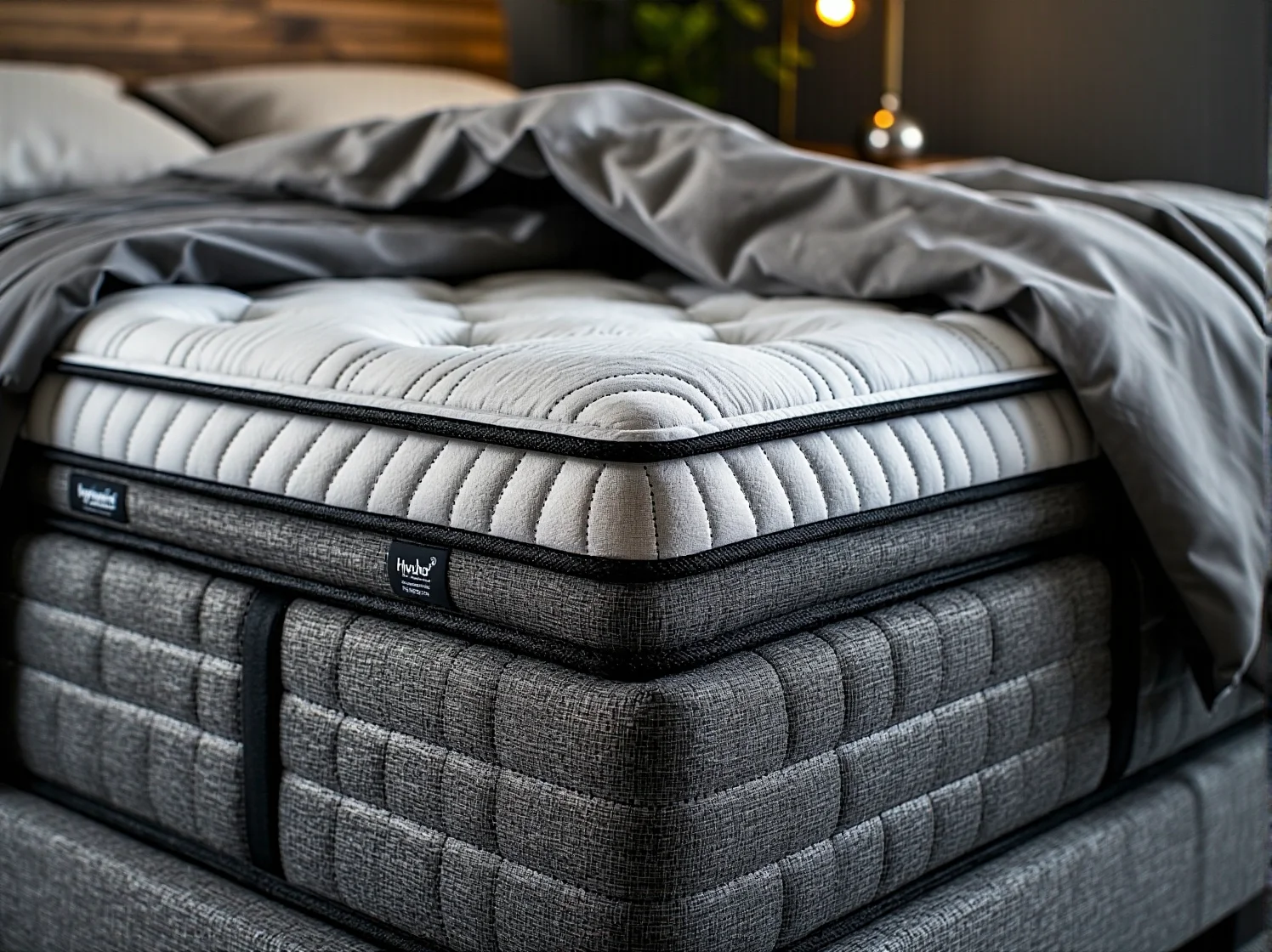 Przekrój materaca hybrydowego pokazujący warstwy sprężyn i pianki, kluczowe dla regeneracji sportowca.