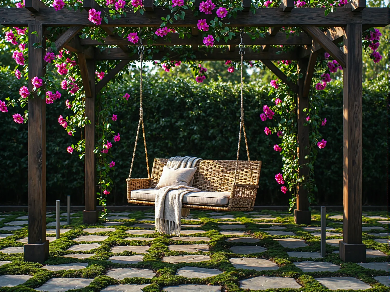 Egzotyczne rośliny w ogrodzie kolonialnym oświetlone subtelnymi reflektorami tworzącymi przytulny klimat.