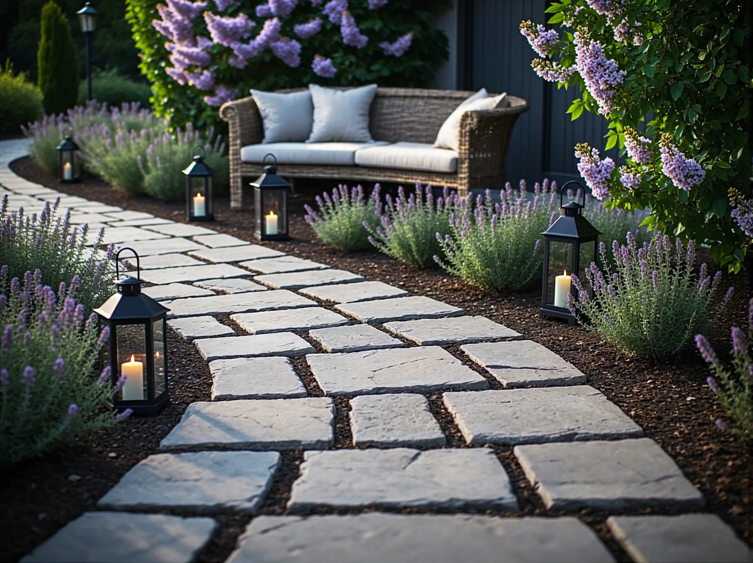 Sielski klimat w ogrodzie prowansalskim – ścieżka wśród kwiatów i ozdobnych donic.