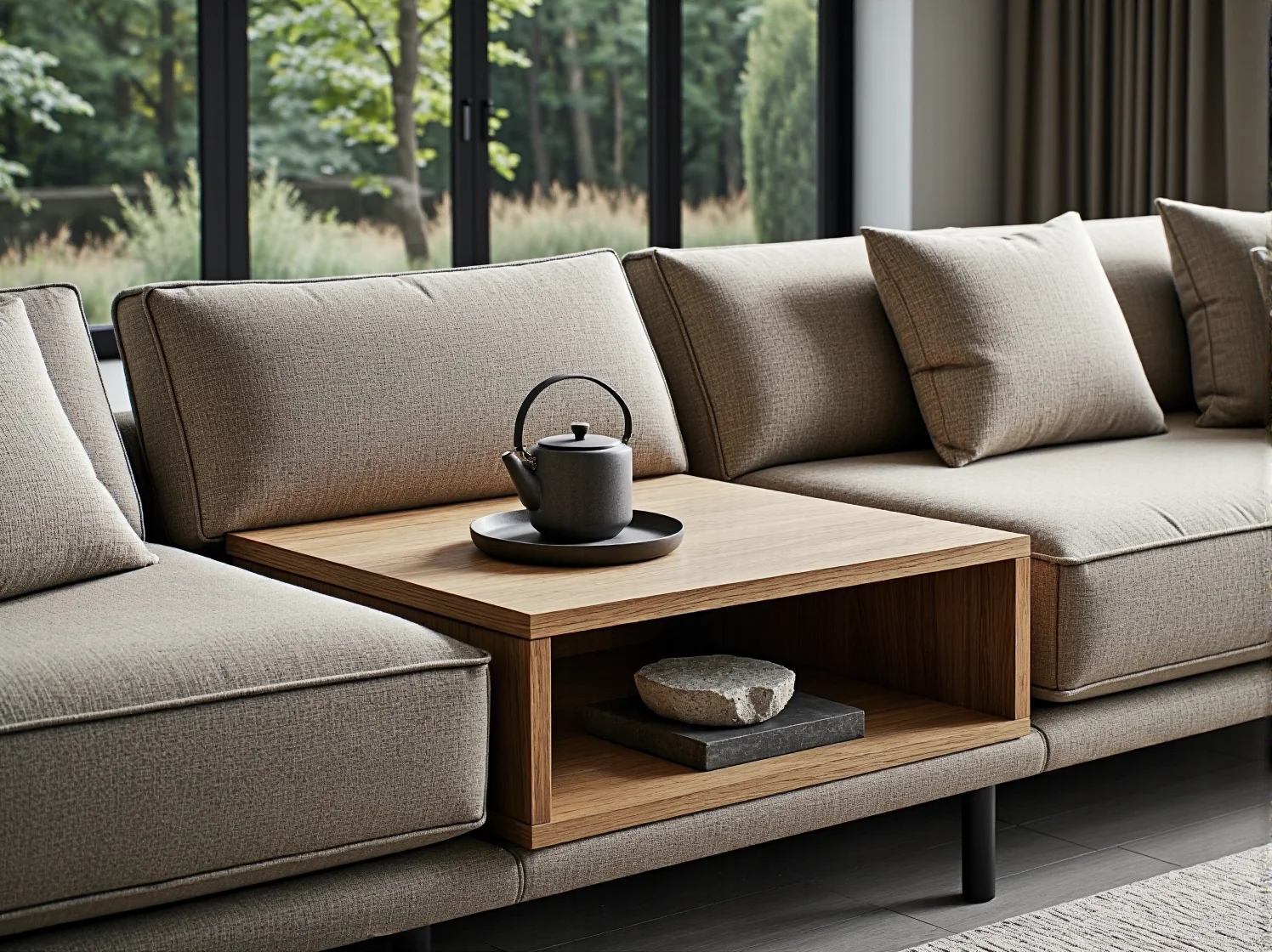 Elegancka aranżacja wnętrza z wykorzystaniem modułowej sofy w estetyce japandi.