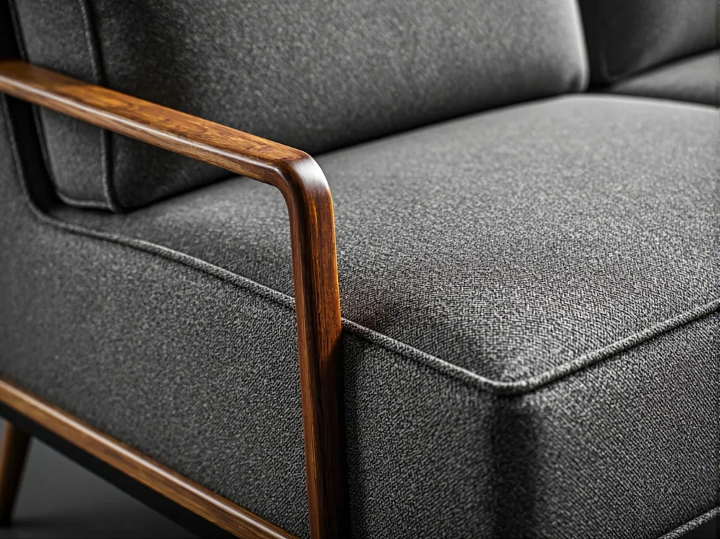 Grafitowa sofa tapicerowana z drewnianym podłokietnikiem orzechowym