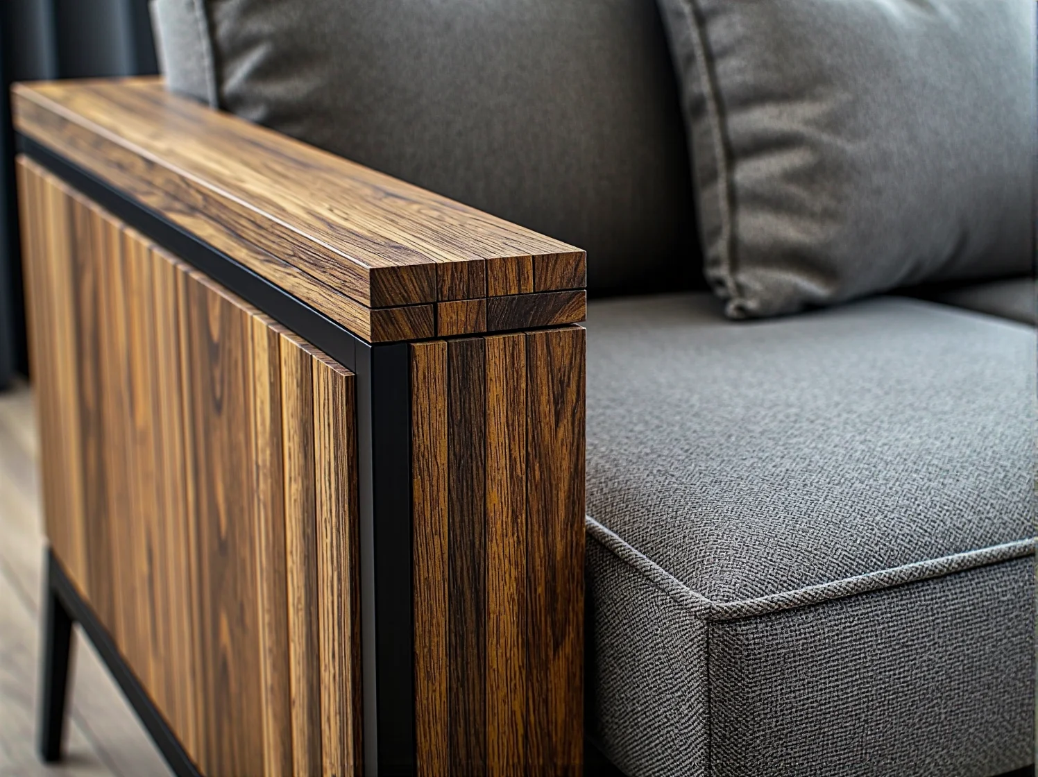 Zbliżenie na wbudowany w podłokietnik panel sterowania z portami USB – technologia w inteligentnych meblach.