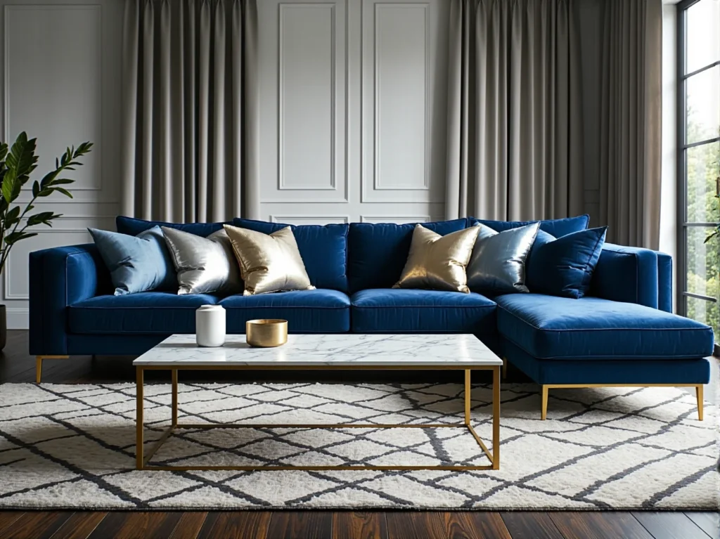 Narożnik tapicerowany granatowy welurowy na złotych nóżkach