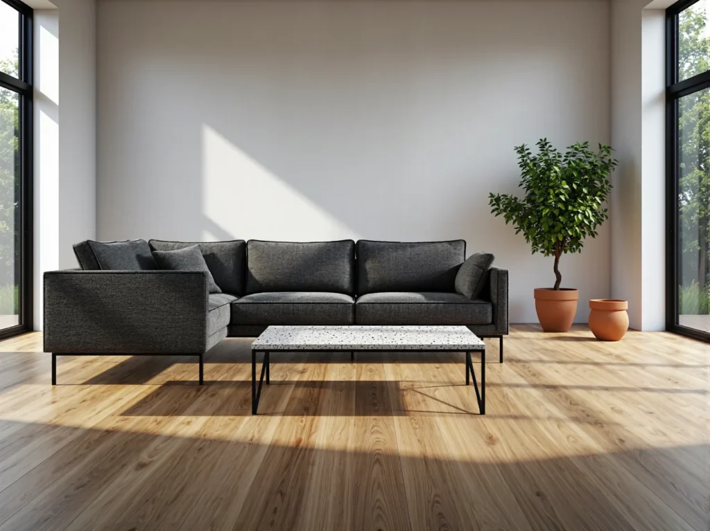 Narożnik tapicerowany grafitowy na czarnych metalowych nóżkach